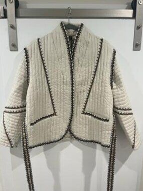 NWT Magaschoni Cliago Embroidered Quilted Belted Jacket Cream Medium